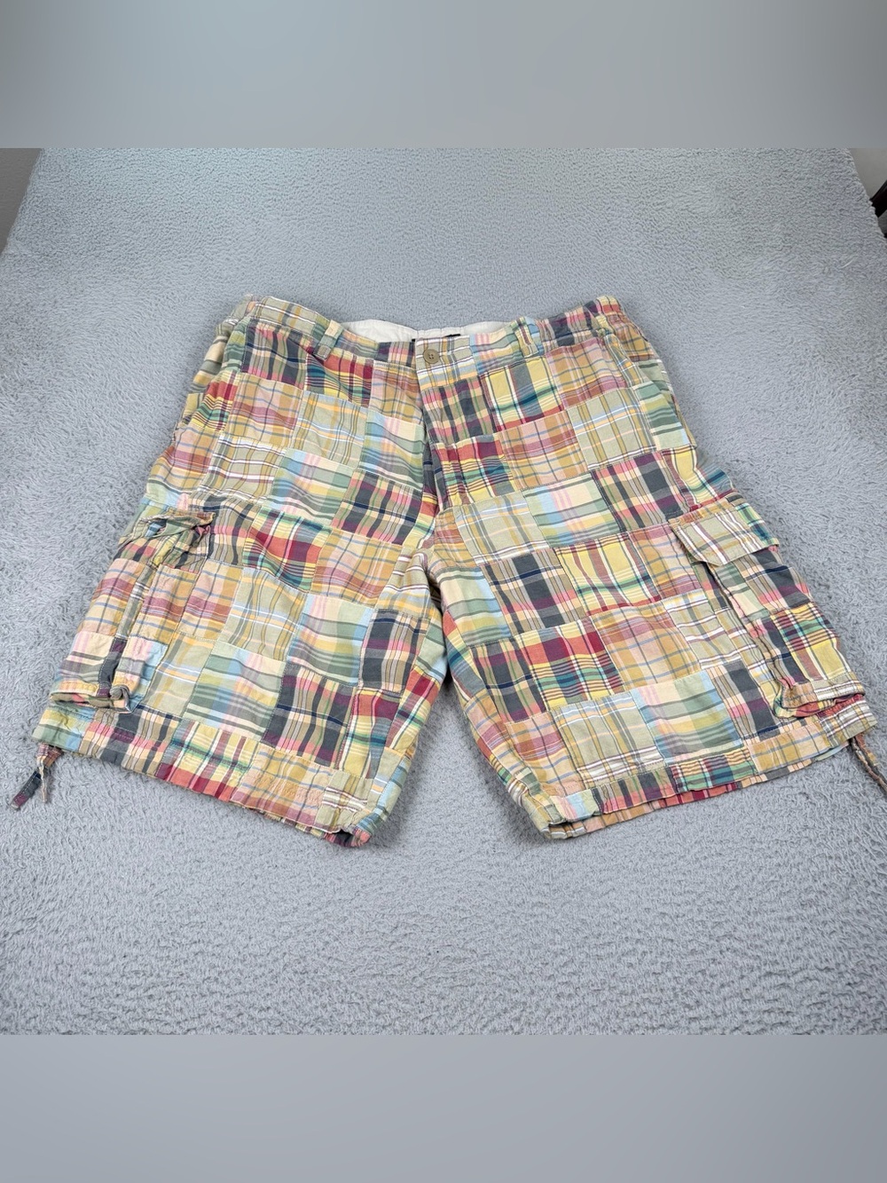 J Crew Cargo Shorts Mens 36 Multicolor Madras Patchwork Plaid Outdoors Preppy